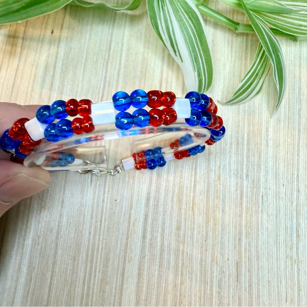 Patriotic Red White & Blue Glass Bead Bracelet | Double Strand | Handmade USA